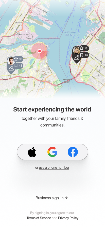 Alp onboarding screen with collaborative map pins and social sign-in options
