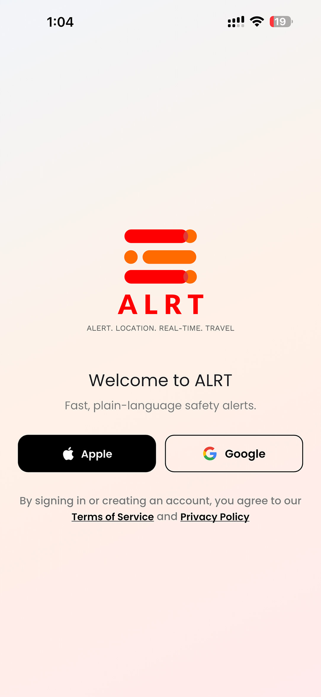ALRT welcome screen with Apple and Google sign-in and plain-language safety alerts tagline