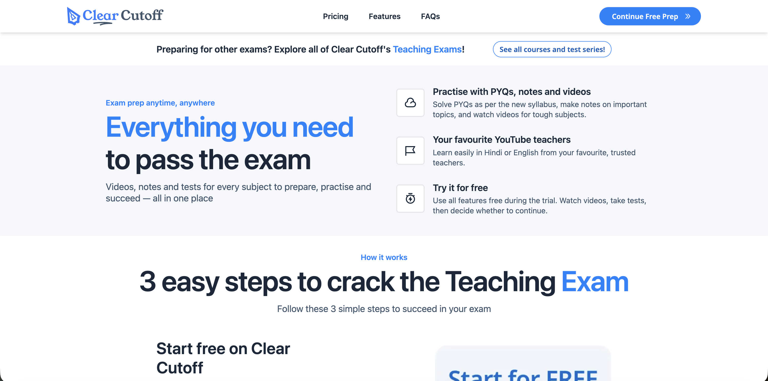 Clear Cutoff feature section covering videos, notes, and tests for all HTET subjects