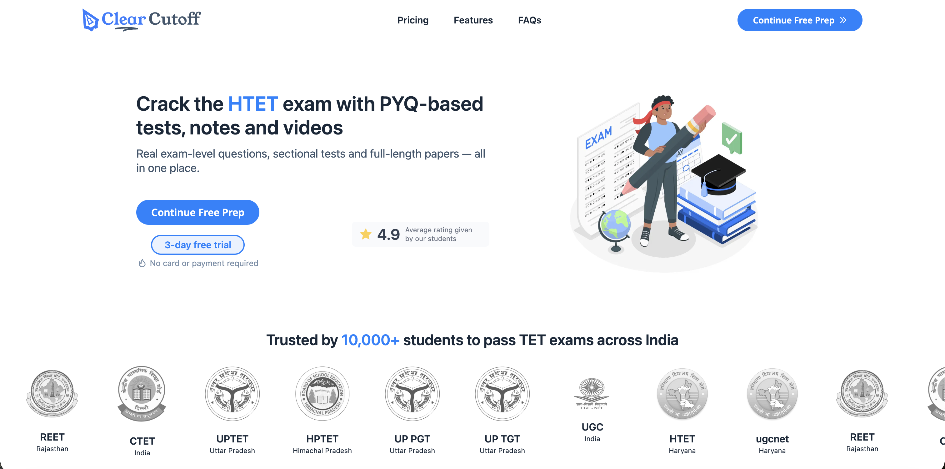Clear Cutoff landing hero promoting HTET prep with PYQ-based tests, notes, and videos