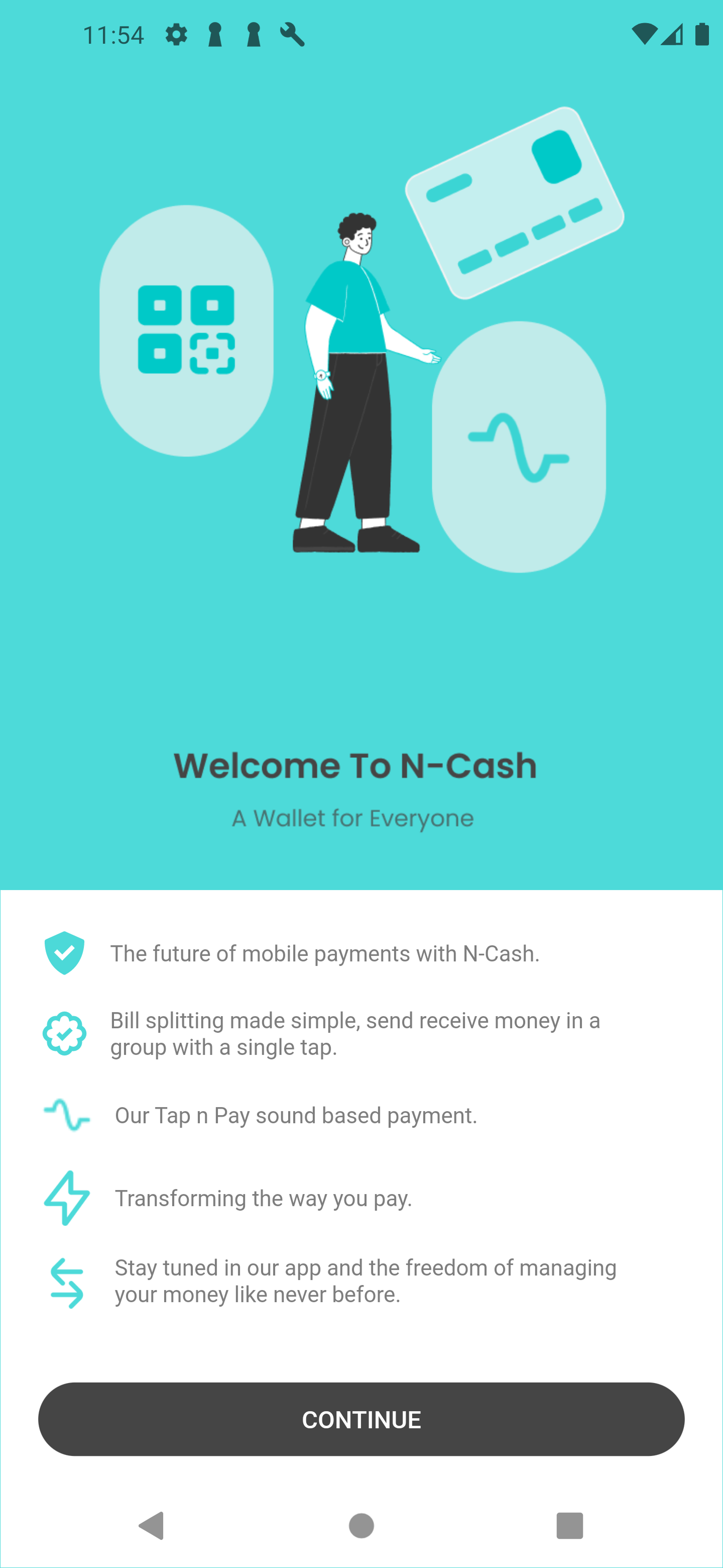 N-Cash welcome screen highlighting Tap n Pay sound-based payments and wallet features