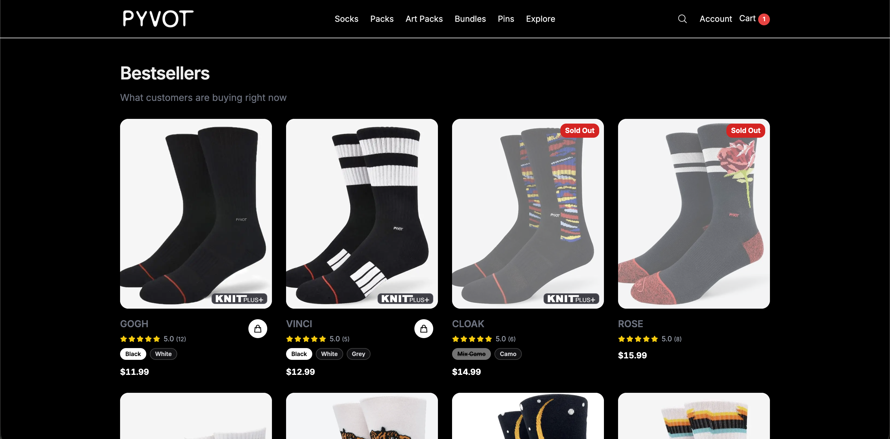 PYVOT bestsellers section highlighting GOGH and VINCI performance socks with color variants