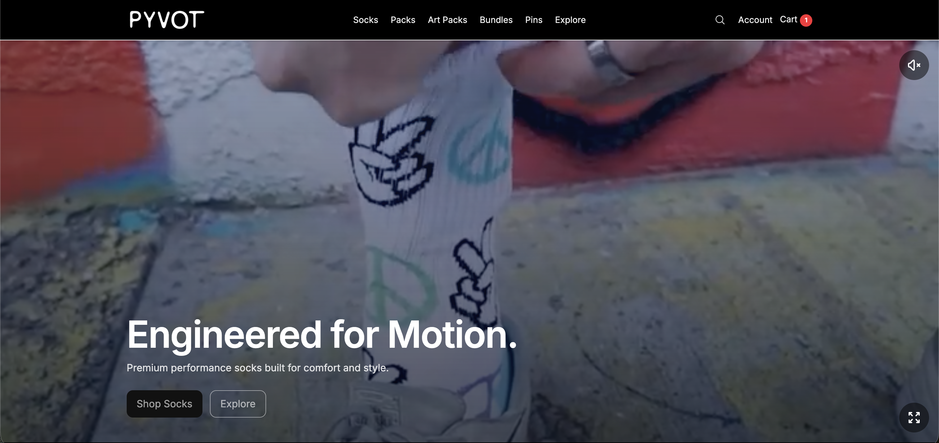 PYVOT homepage hero with Engineered for Motion headline, shop CTAs, and press logos