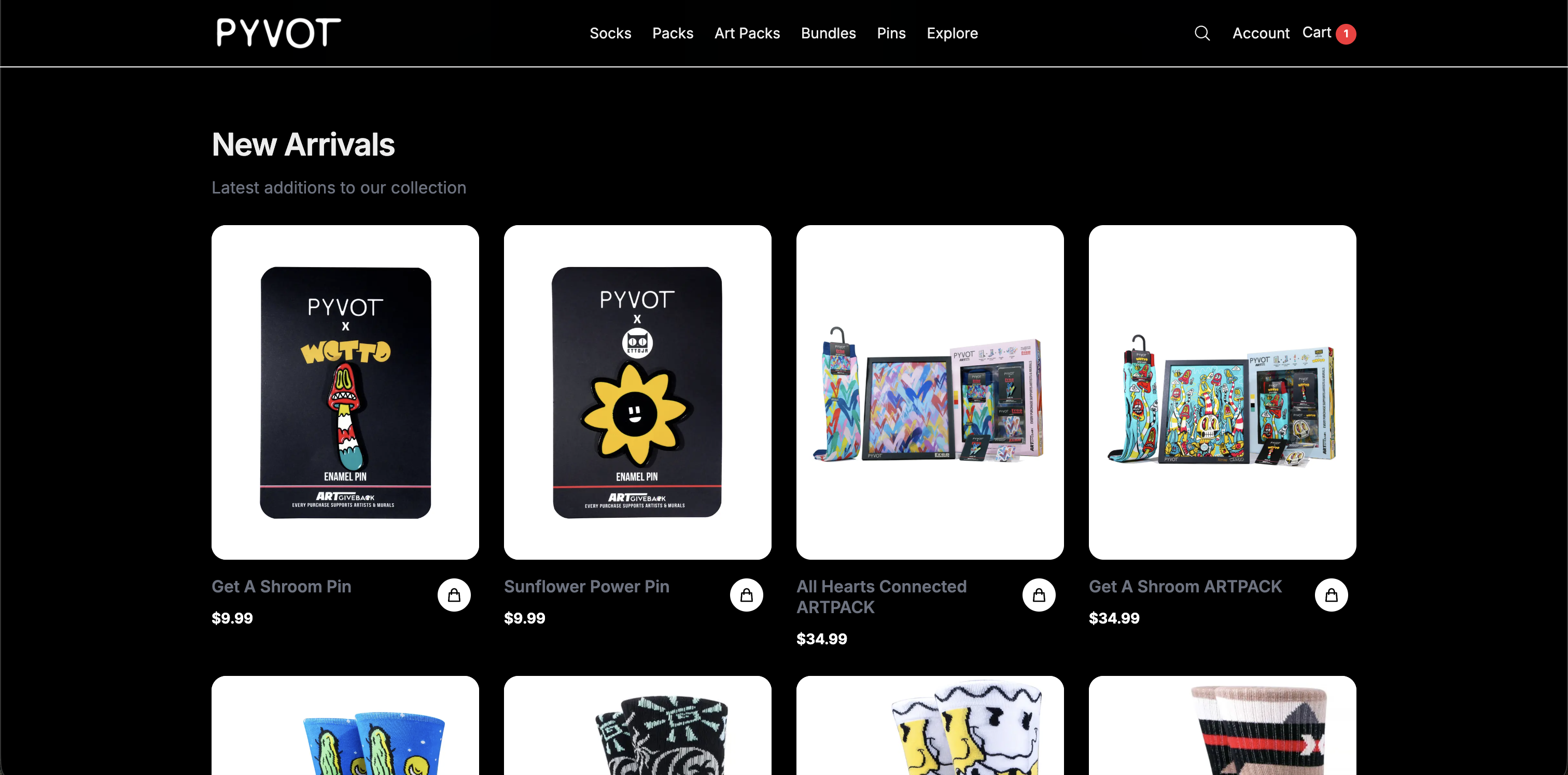 PYVOT new arrivals grid featuring pins and art packs