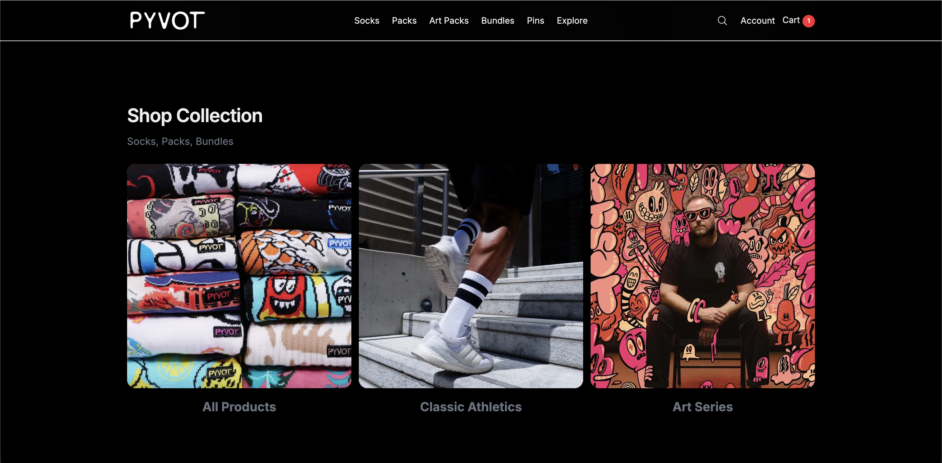 PYVOT shop collection with socks, packs, and bundles filters across athletics and art series