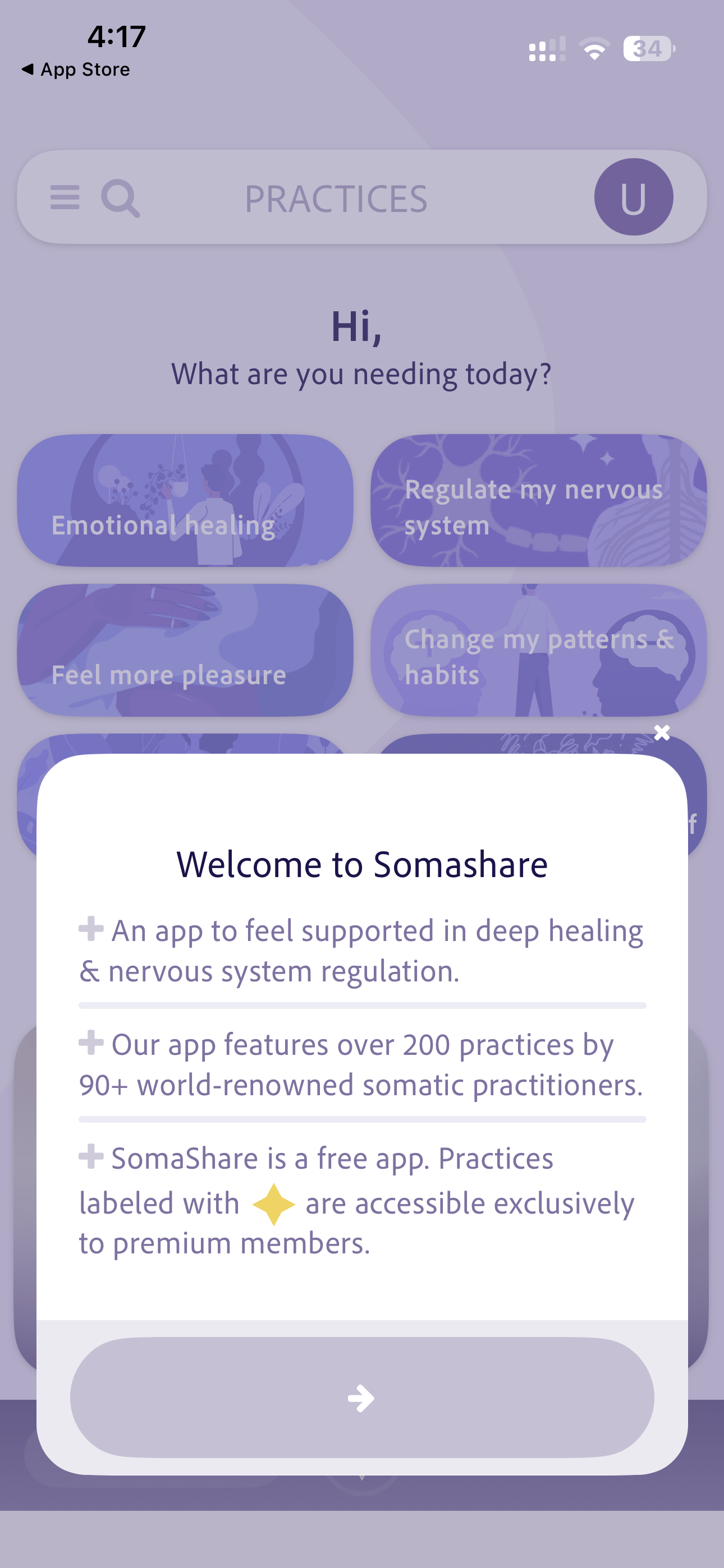 SomaShare welcome modal introducing deep healing practices and premium content